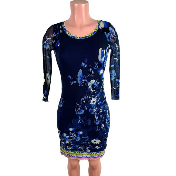 FUZZI Blue Floral Sheath Dress Large mesh tulle stretch packable cocktail event - Picture 1 of 8